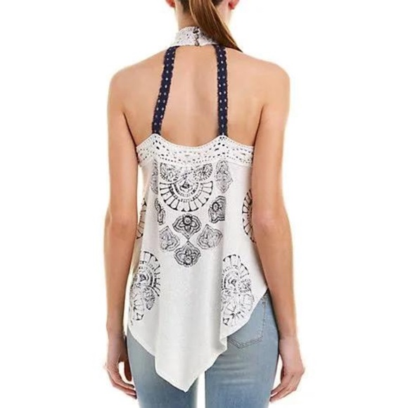 Free People Mandolin White and Navy Blue Crochet High Neck Halter Top - Picture 2 of 7